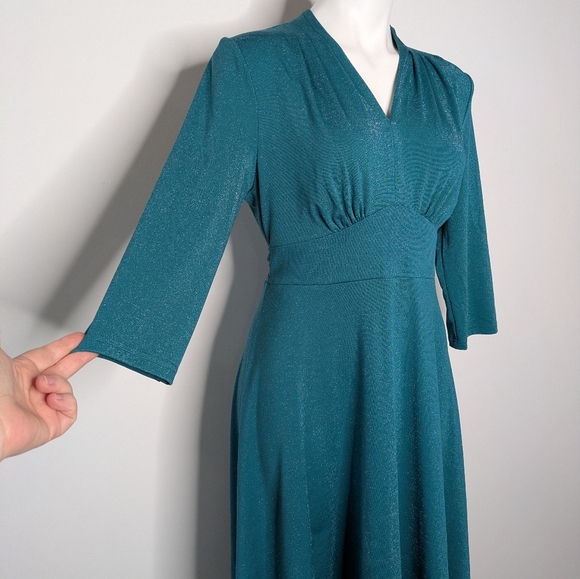 Belle Pogue Blue Shimmer V Neck Midi Dress M - Picture 3 of 7